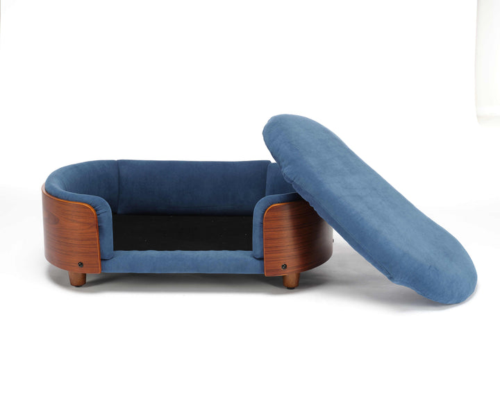 Scandinavian Style Elevated Dog Bed Pet Sofa Velvet Dark Blue Small Size