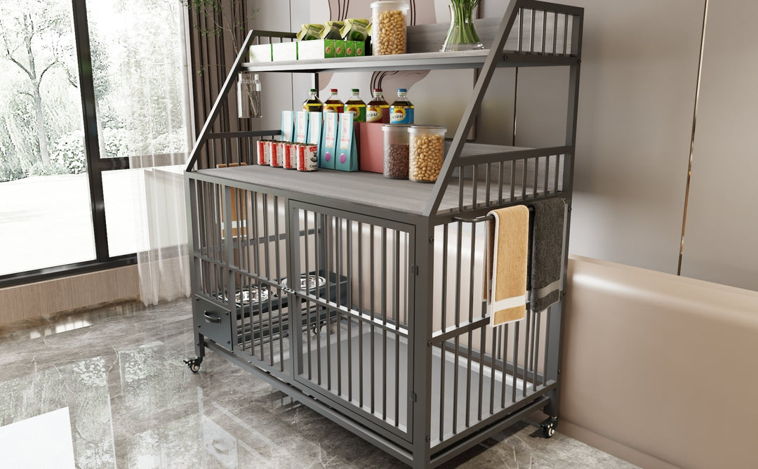 Large Pet Cage with Storage Rack and Stainless Steel Basins