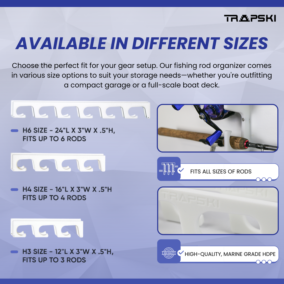 TRAPSKI Fishing Rod/Pole Holder Rack Organizers | Wall or Ceiling Mounted Fishing Rod Rack | Durable Marine Grade HDPE Plastic | Fishing Pole Holder Holds up to 6 or 12 + Stackable Storage