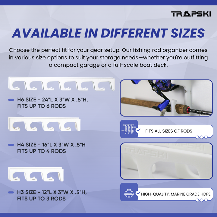 TRAPSKI Fishing Rod/Pole Holder Rack Organizers | Wall or Ceiling Mounted Fishing Rod Rack | Durable Marine Grade HDPE Plastic | Fishing Pole Holder Holds up to 6 or 12 + Stackable Storage