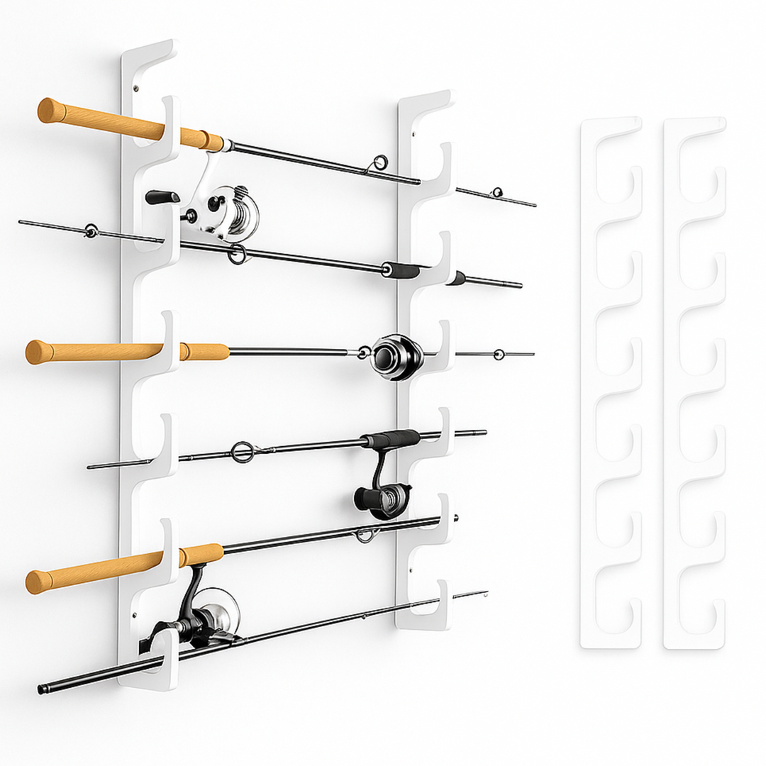 TRAPSKI Fishing Rod/Pole Holder Rack Organizers | Wall or Ceiling Mounted Fishing Rod Rack | Durable Marine Grade HDPE Plastic | Fishing Pole Holder Holds up to 6 or 12 + Stackable Storage
