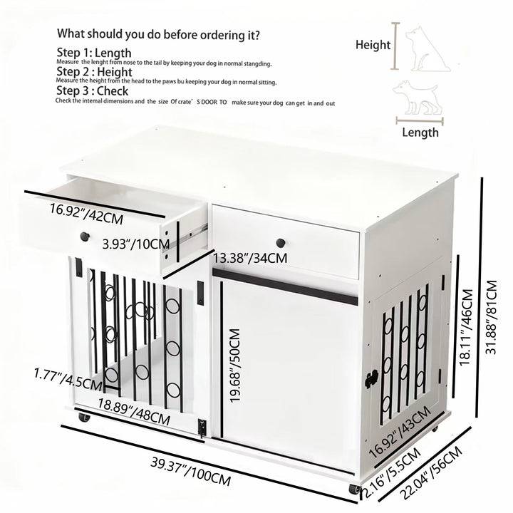 Dog Crate Furniture With Double Drawers And Sliding Barn Door, Pet Kennel For Small To Medium Dogs - White
