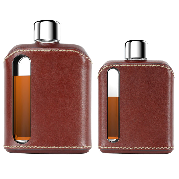 Ragproper Dark Brown Leather Glass Flask Gift Set Single Shot 100mL + Double Shot 240mL