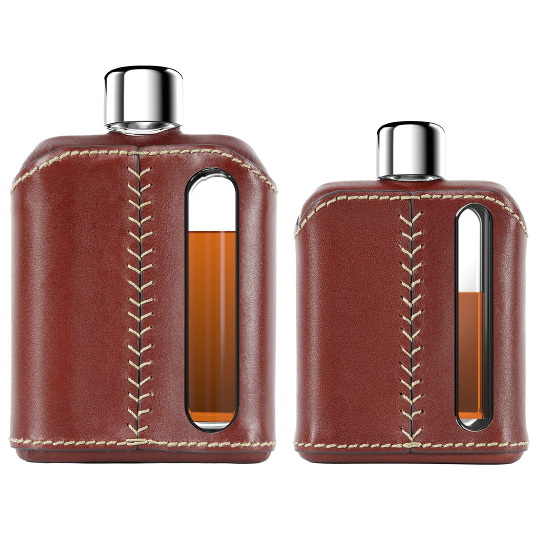 Ragproper Dark Brown Leather Glass Flask Gift Set Single Shot 100mL + Double Shot 240mL