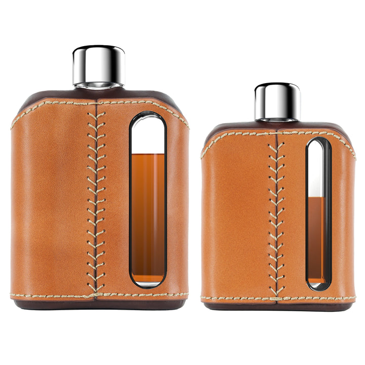 Ragproper Dark & Tan Leather Glass Flask Gift Set Single Shot 100mL + Double Shot 240mL