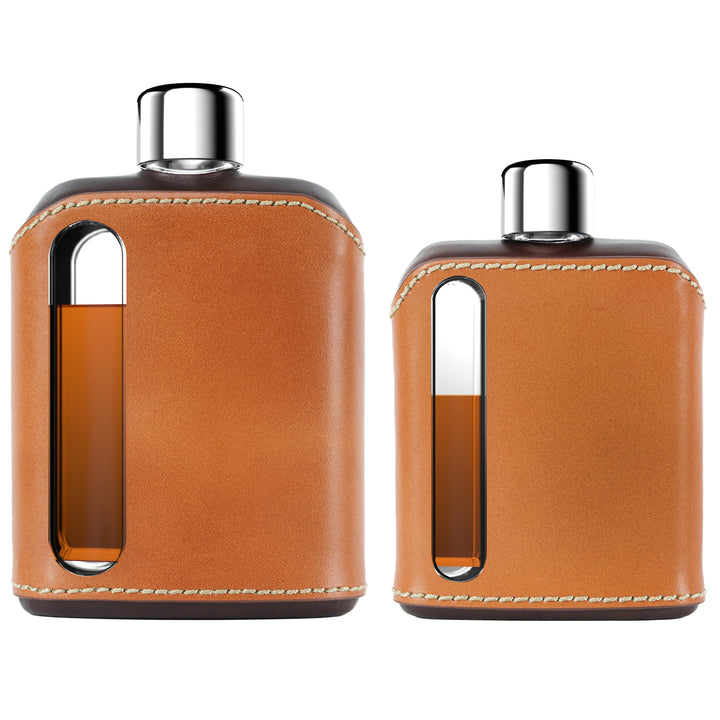 Ragproper Dark & Tan Leather Glass Flask Gift Set Single Shot 100mL + Double Shot 240mL