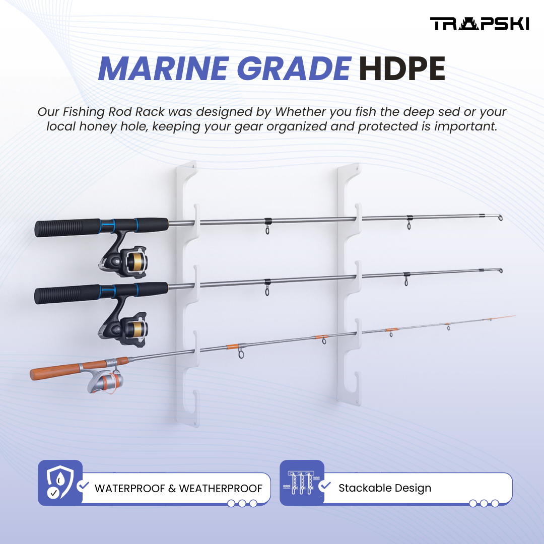 TRAPSKI Fishing Rod/Pole Holder Rack Organizers | Wall or Ceiling Mounted Fishing Rod Rack | Durable Marine Grade HDPE Plastic | Fishing Pole Holder Holds up to 6 or 12 + Stackable Storage