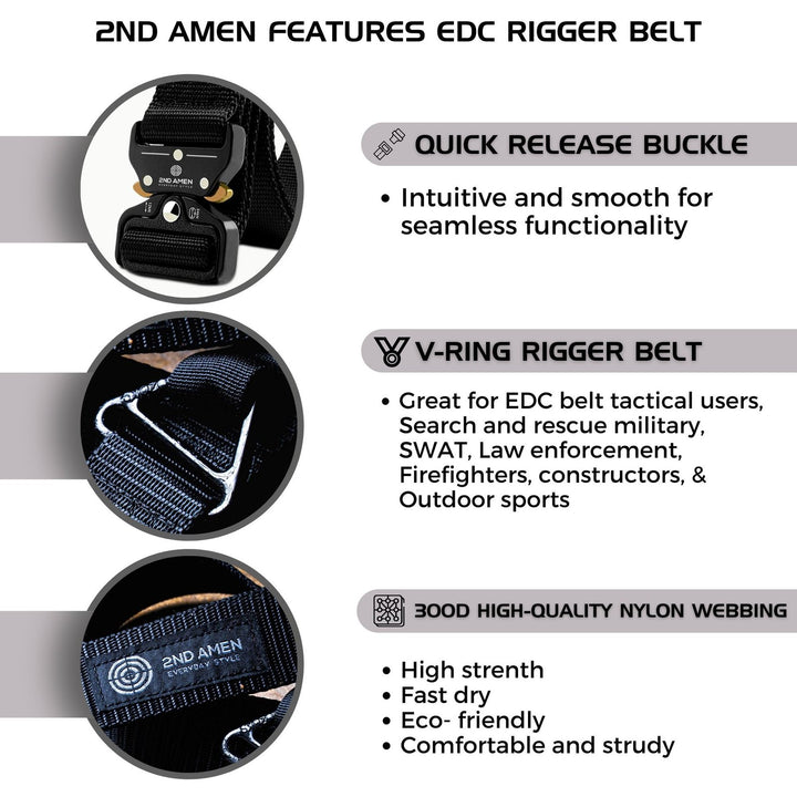 2ND AMEN 1.5" Tactical EDC Belt with Nylon Webbing. Quick Release Technology and Durable V-ring, Black.