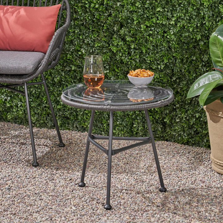 Petrichor Outdoor Side Table with Tempered Glass and Steel Frame