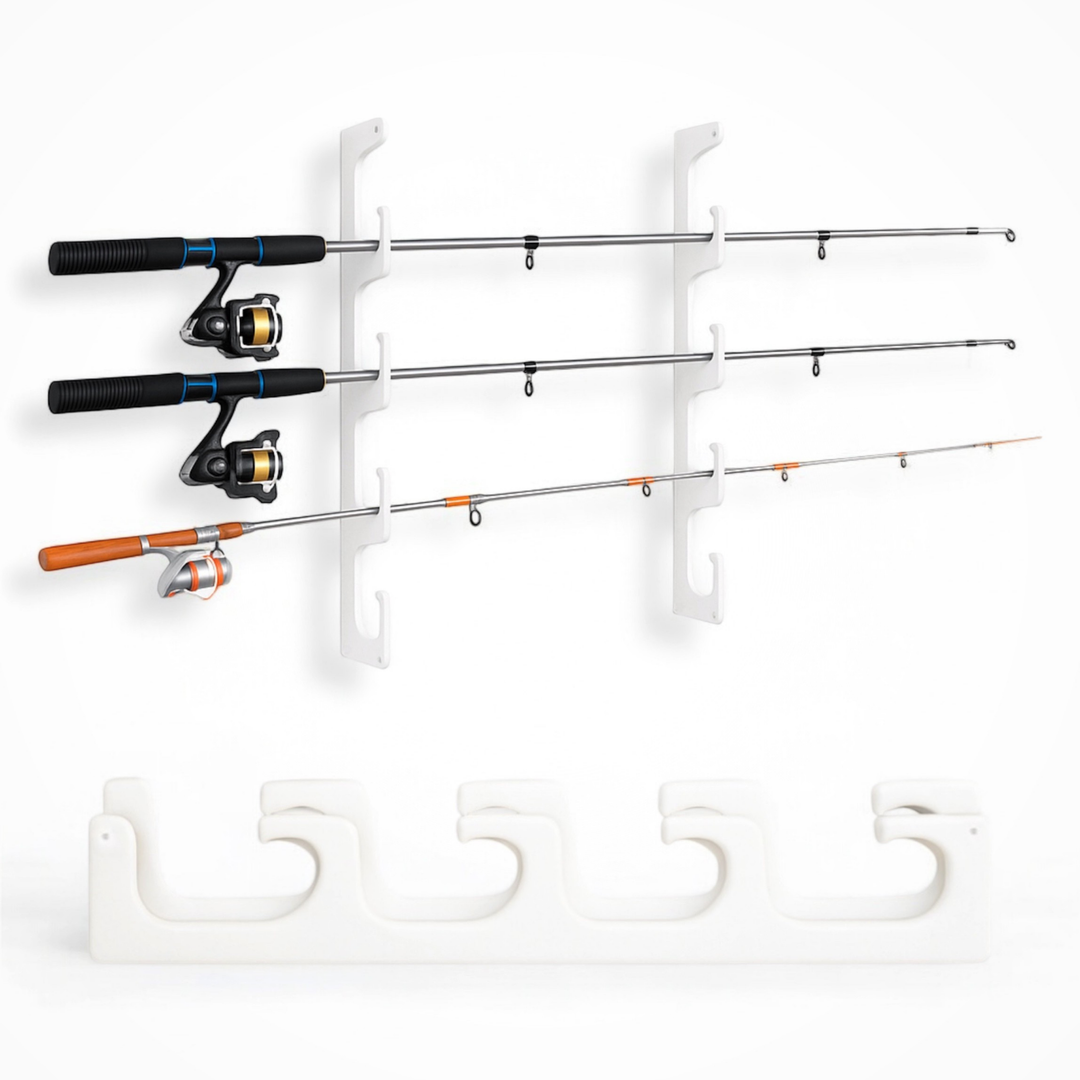 TRAPSKI Fishing Rod/Pole Holder Rack Organizers | Wall or Ceiling Mounted Fishing Rod Rack | Durable Marine Grade HDPE Plastic | Fishing Pole Holder Holds up to 6 or 12 + Stackable Storage