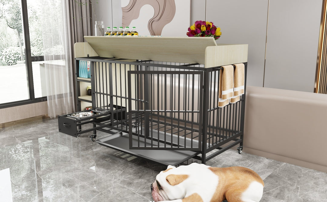 Large Pet Cage with Storage Rack Black and Beige