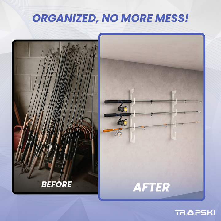 TRAPSKI Fishing Rod/Pole Holder Rack Organizers | Wall or Ceiling Mounted Fishing Rod Rack | Durable Marine Grade HDPE Plastic | Fishing Pole Holder Holds up to 6 or 12 + Stackable Storage