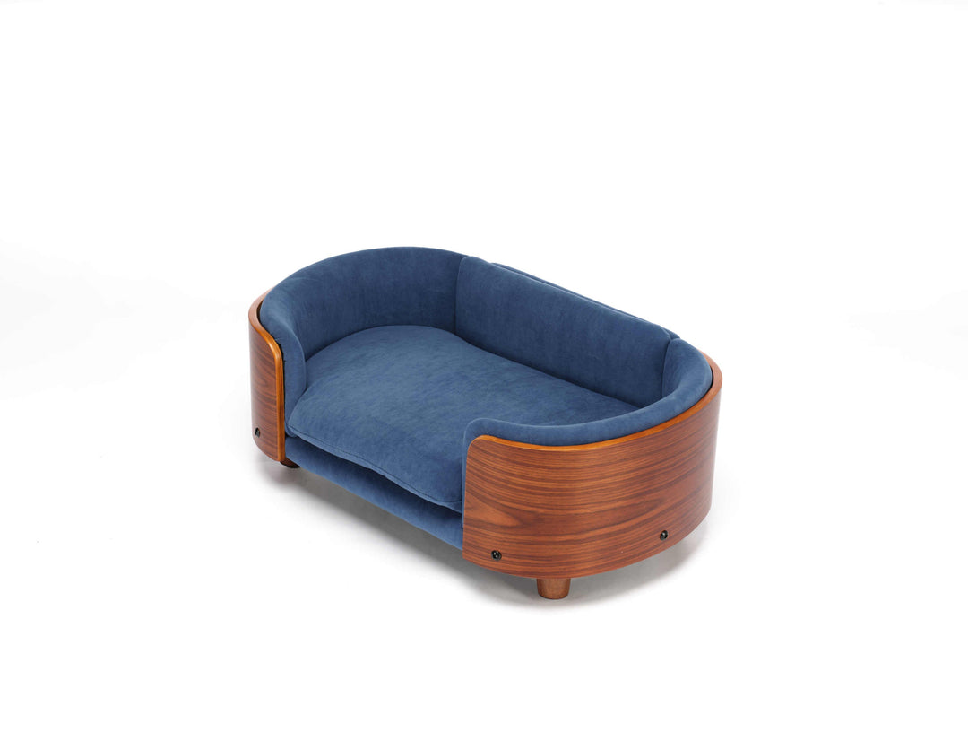 Scandinavian Style Elevated Dog Bed Pet Sofa Velvet Dark Blue Small Size