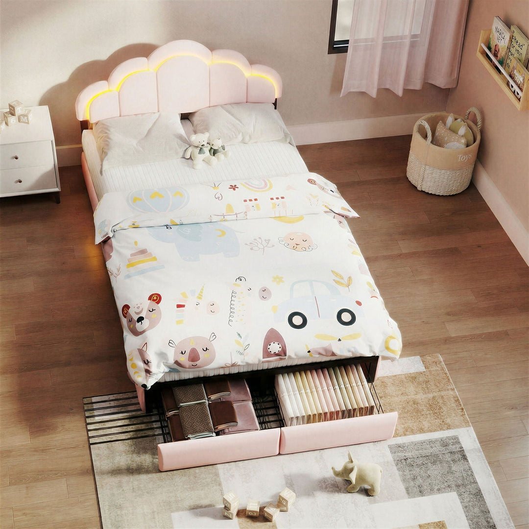 Full RGB LED Upholstered Platform Bed With Petal Headboard And Storage Drawers For Kids Bedroom - Pink