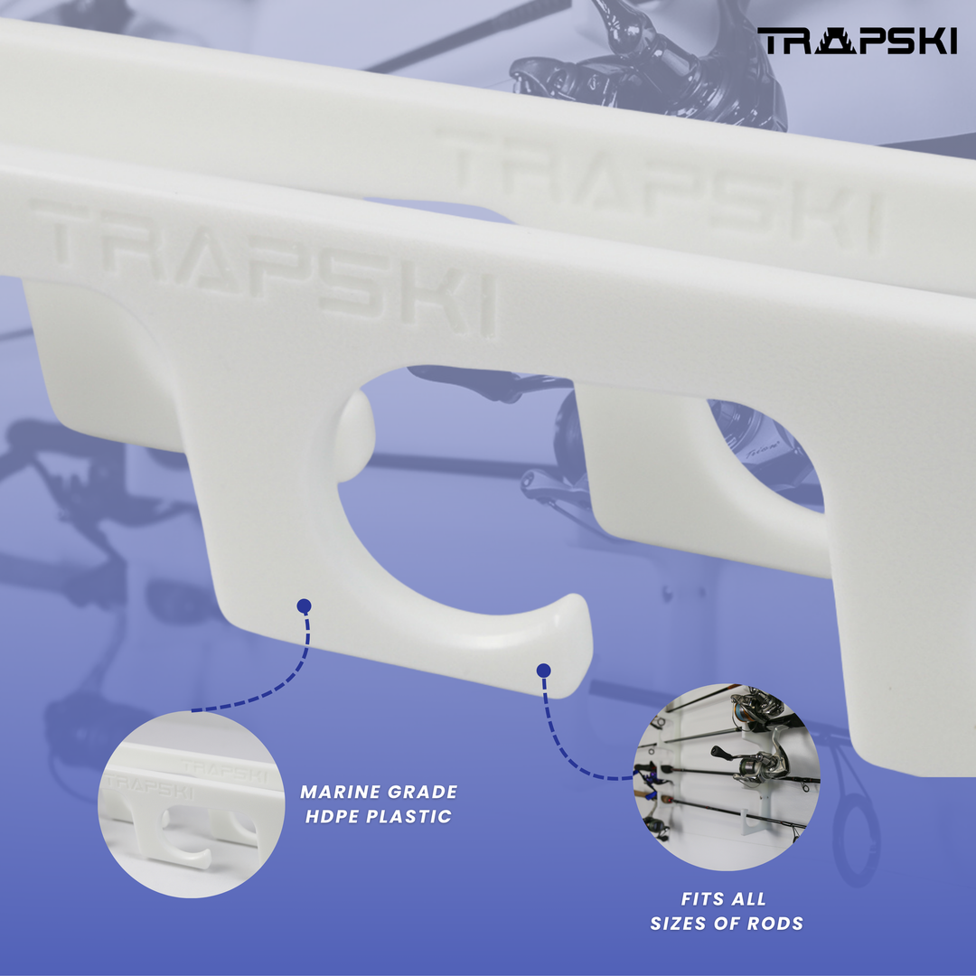 TRAPSKI Fishing Rod/Pole Holder Rack Organizers | Wall or Ceiling Mounted Fishing Rod Rack | Durable Marine Grade HDPE Plastic | Fishing Pole Holder Holds up to 6 or 12 + Stackable Storage