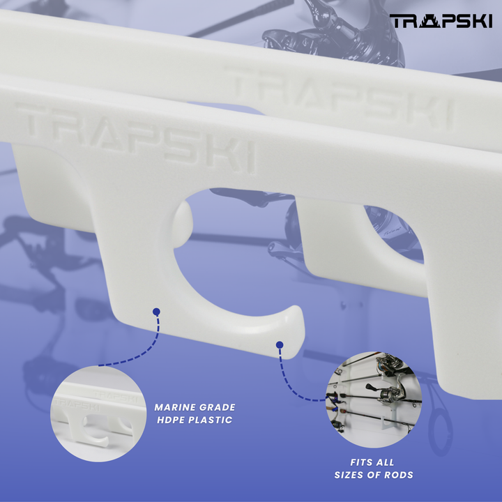 TRAPSKI Fishing Rod/Pole Holder Rack Organizers | Wall or Ceiling Mounted Fishing Rod Rack | Durable Marine Grade HDPE Plastic | Fishing Pole Holder Holds up to 6 or 12 + Stackable Storage