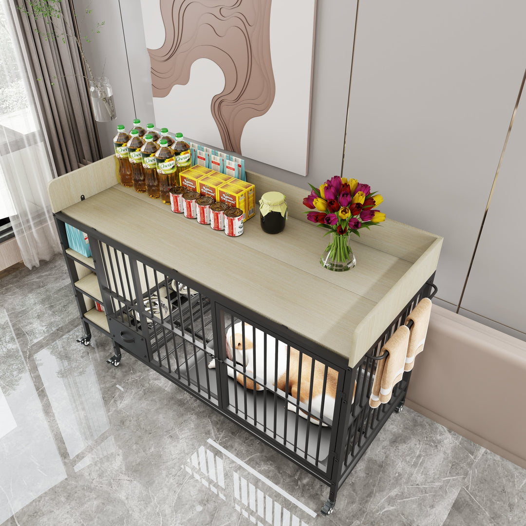 Large Pet Cage with Storage Rack Black and Beige