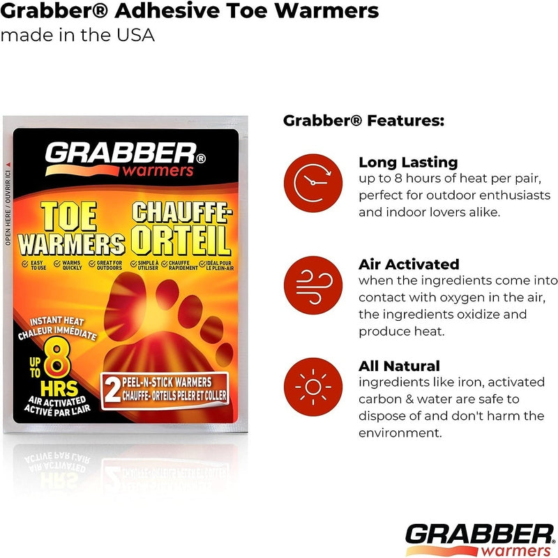 TRAPSKI Grabber Toe Warmers - Long Lasting Safe Natural Odorless Air Activated Warmers - Up to 8 Hours of Heat - 8 Pair Pack