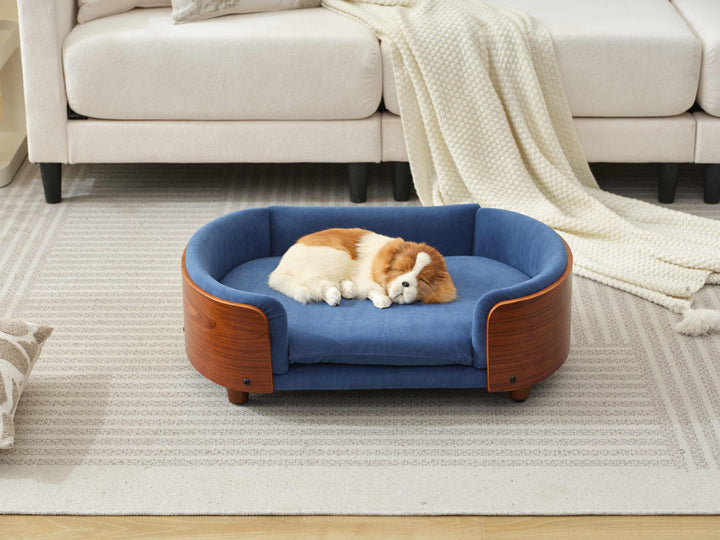 Scandinavian Style Elevated Dog Bed Pet Sofa Velvet Dark Blue Small Size