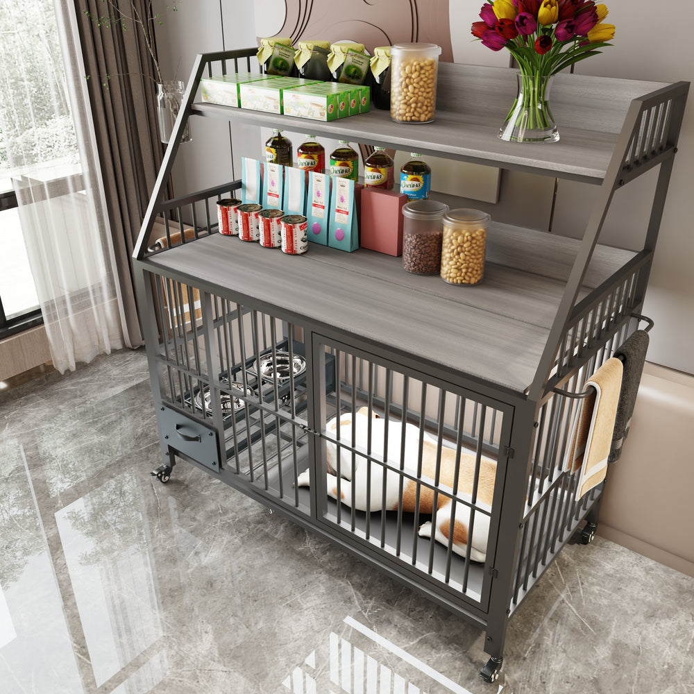 Large Pet Cage with Storage Rack and Stainless Steel Basins