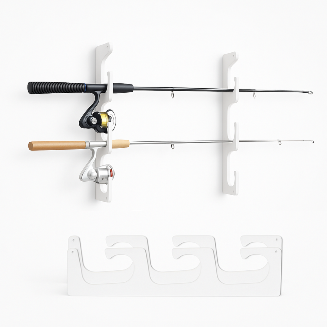 TRAPSKI Fishing Rod/Pole Holder Rack Organizers | Wall or Ceiling Mounted Fishing Rod Rack | Durable Marine Grade HDPE Plastic | Fishing Pole Holder Holds up to 6 or 12 + Stackable Storage