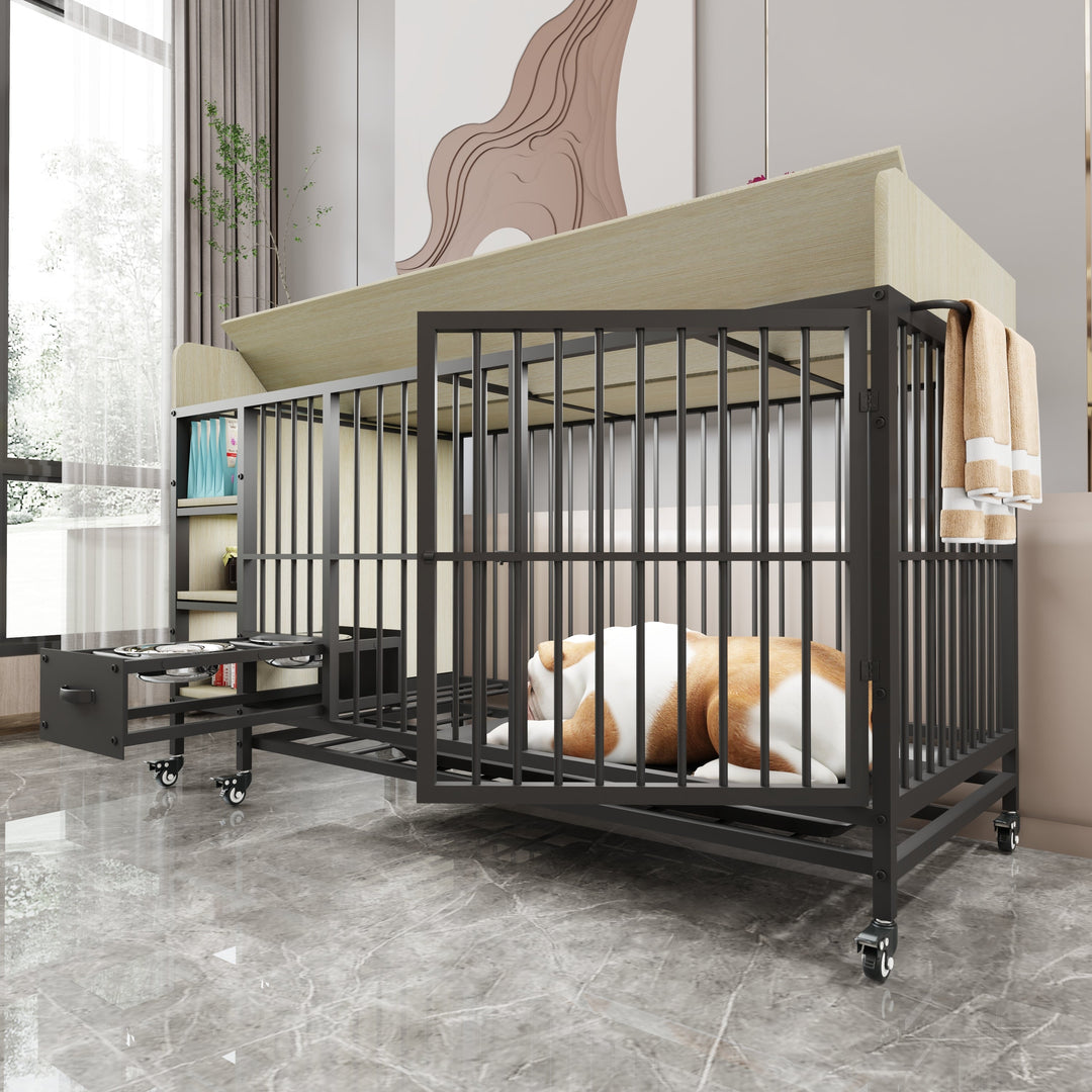 Large Pet Cage with Storage Rack Black and Beige
