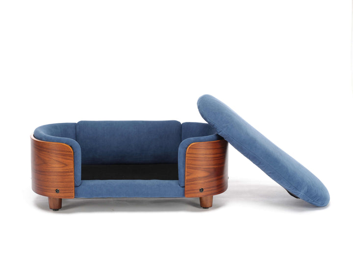 Scandinavian Style Elevated Dog Bed Pet Sofa Velvet Dark Blue Small Size