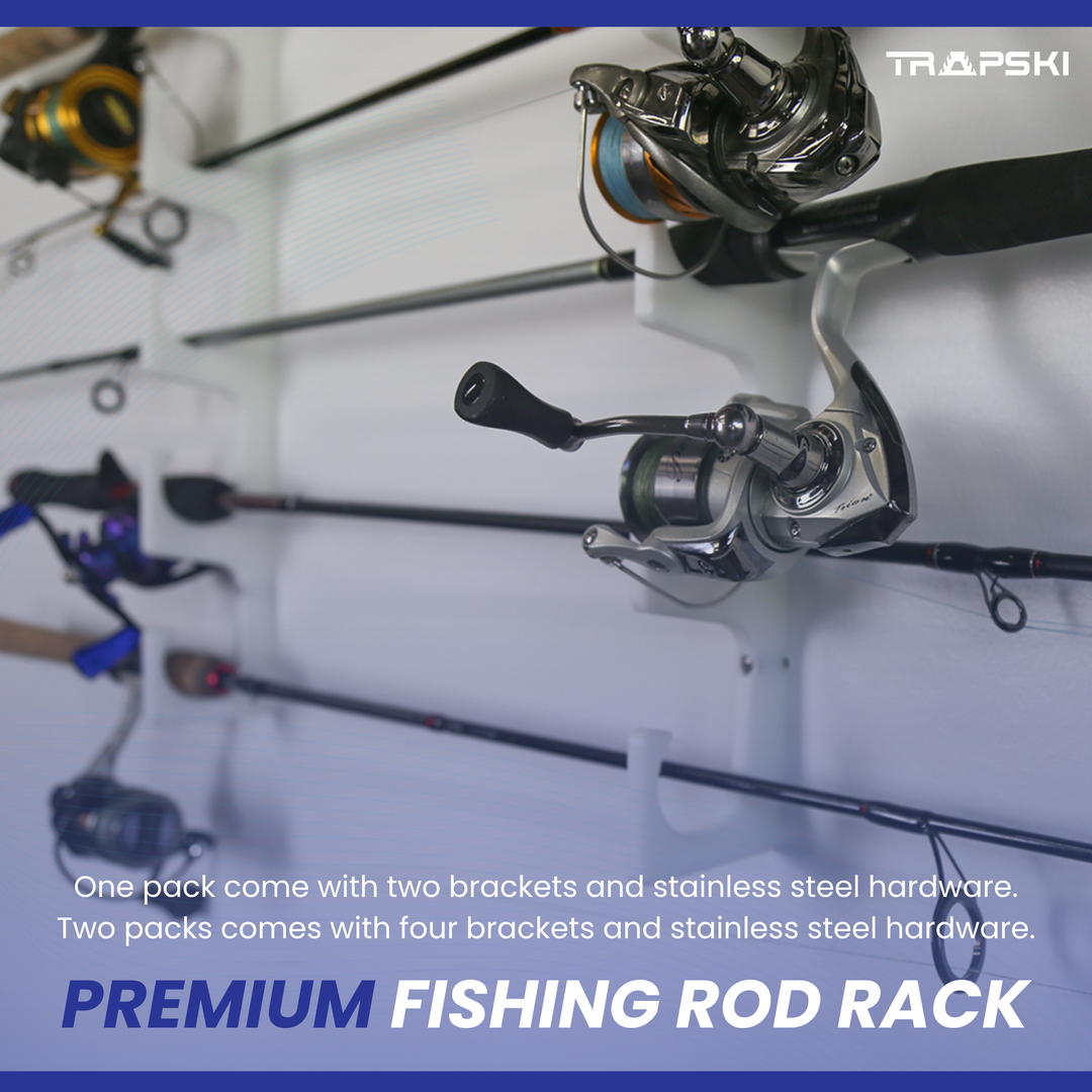 TRAPSKI Fishing Rod/Pole Holder Rack Organizers | Wall or Ceiling Mounted Fishing Rod Rack | Durable Marine Grade HDPE Plastic | Fishing Pole Holder Holds up to 6 or 12 + Stackable Storage