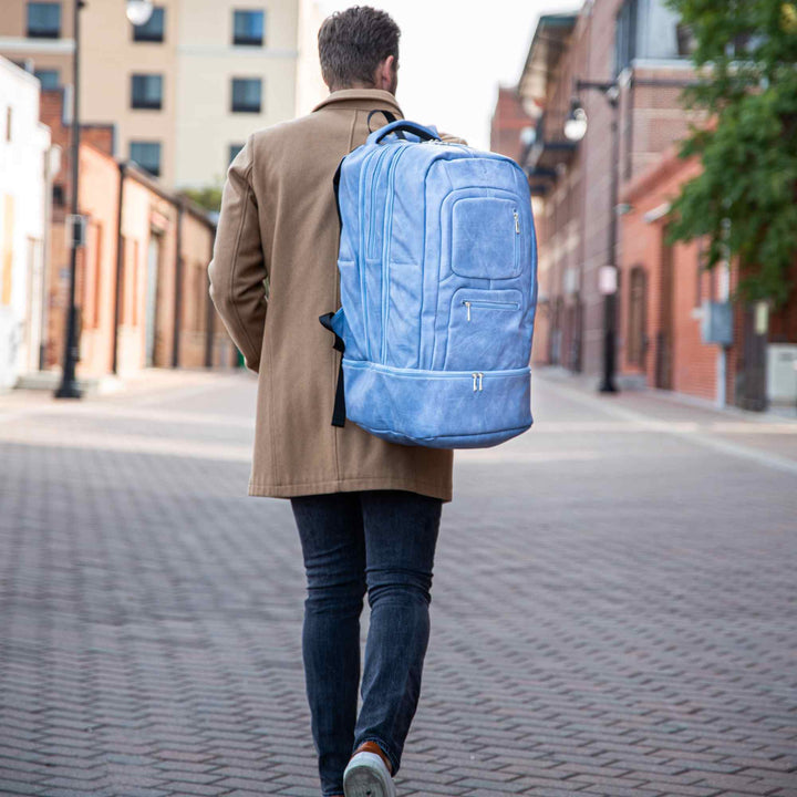 Sole Premise Baby Blue Leather Luxury Carry-On Backpack Patented Signature Design