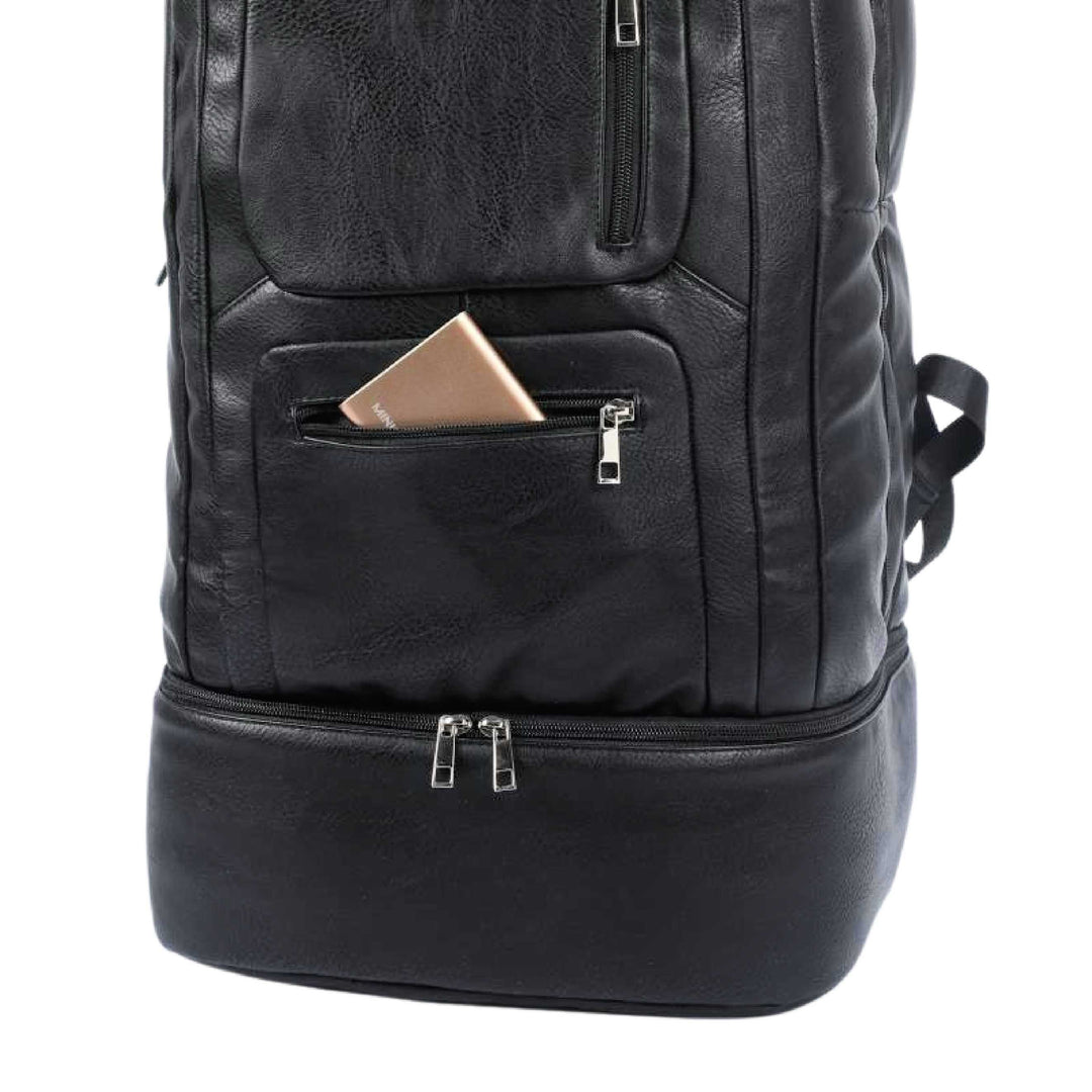 Sole Premise Black Leather Luxury Carry On Backpack Patented Signature Design