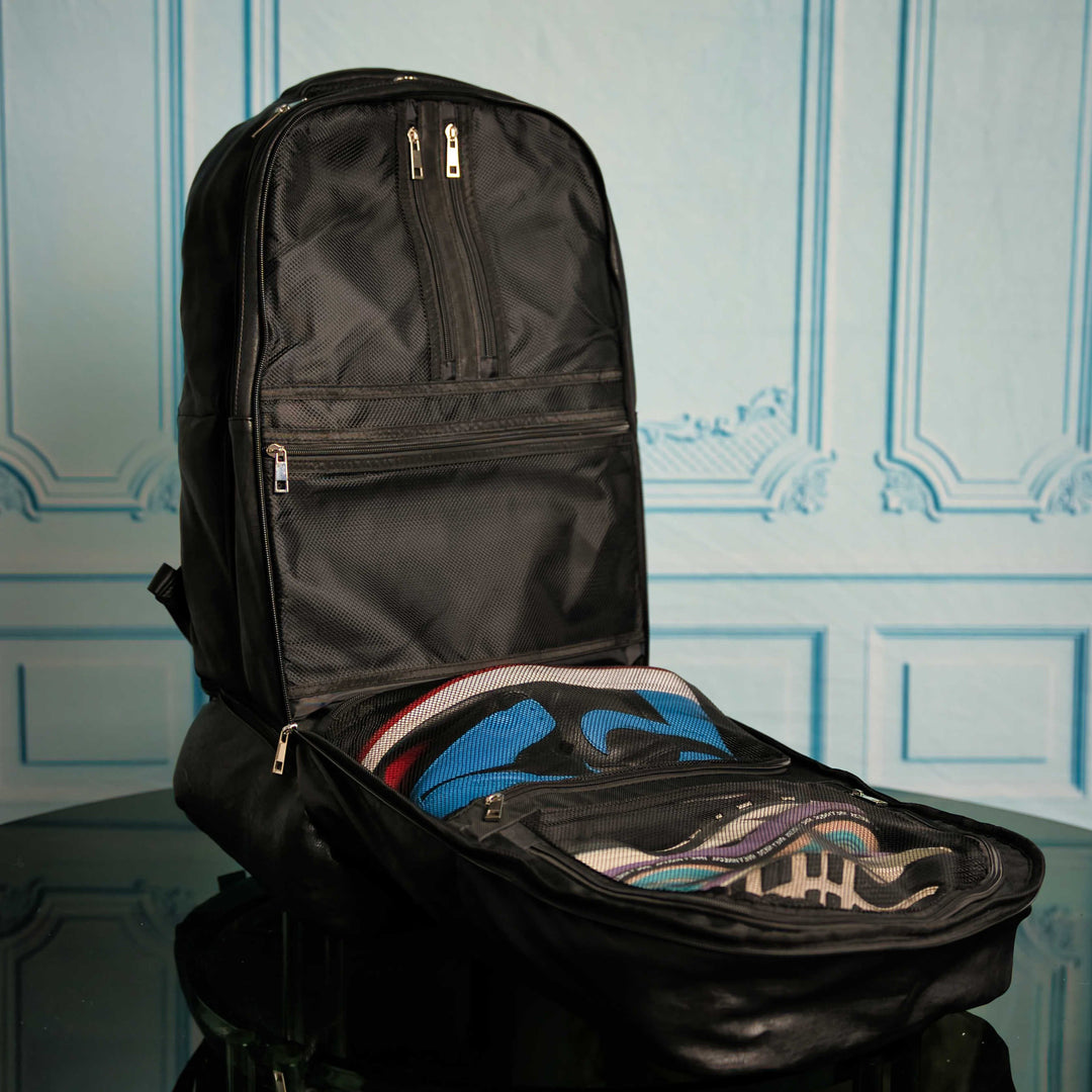 Sole Premise Black Leather Luxury Carry On Backpack Patented Signature Design