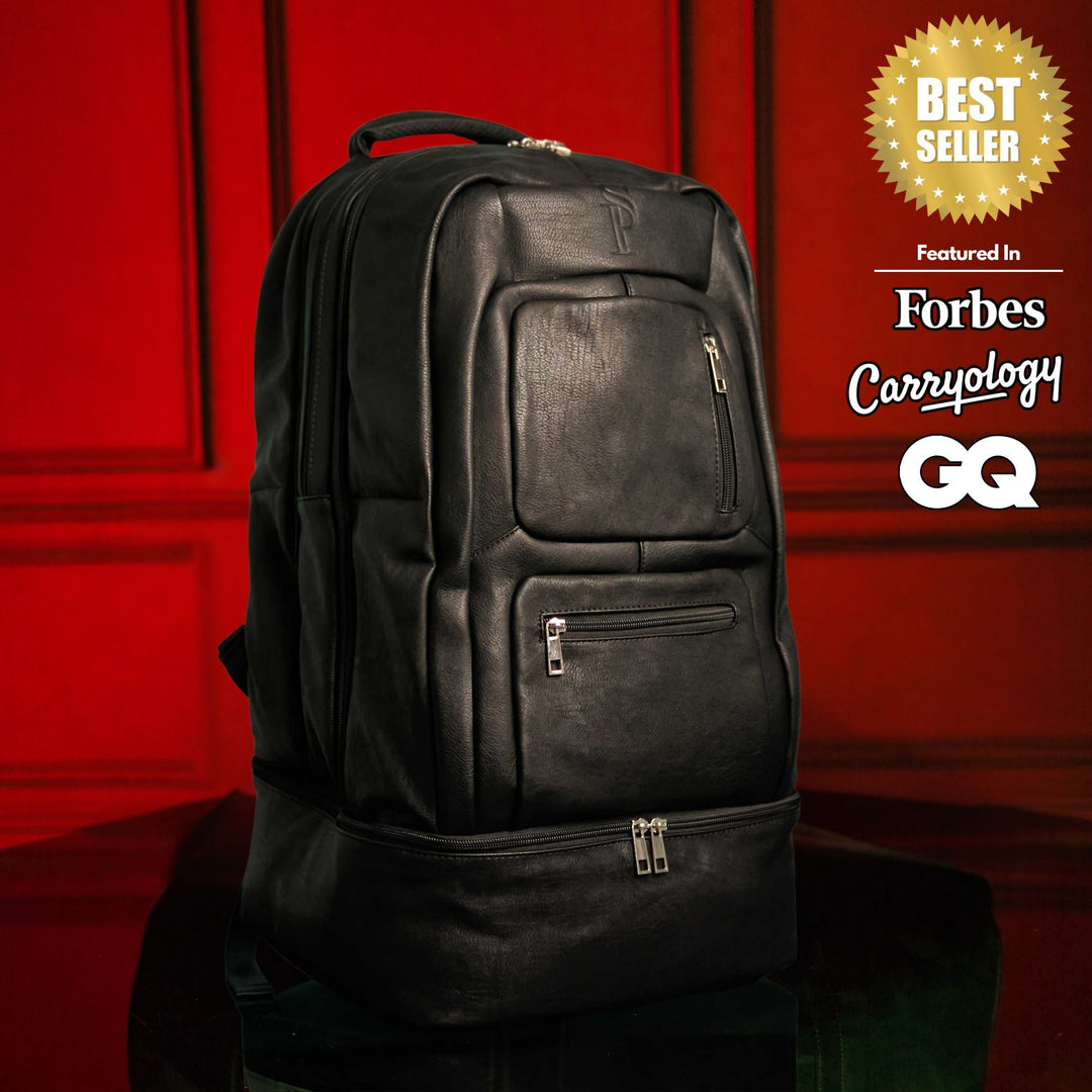 Sole Premise Black Leather Luxury Carry On Backpack Patented Signature Design