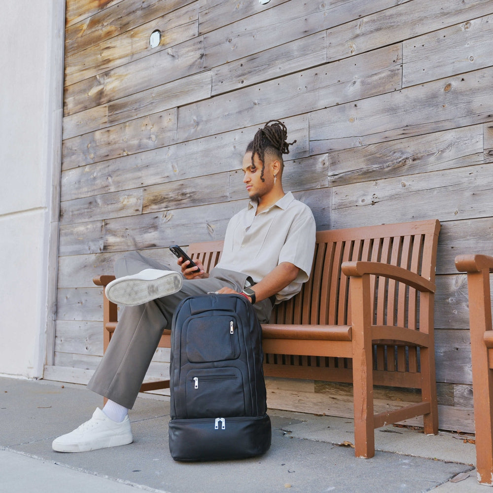 Sole Premise Black Leather Luxury Carry On Backpack Patented Signature Design