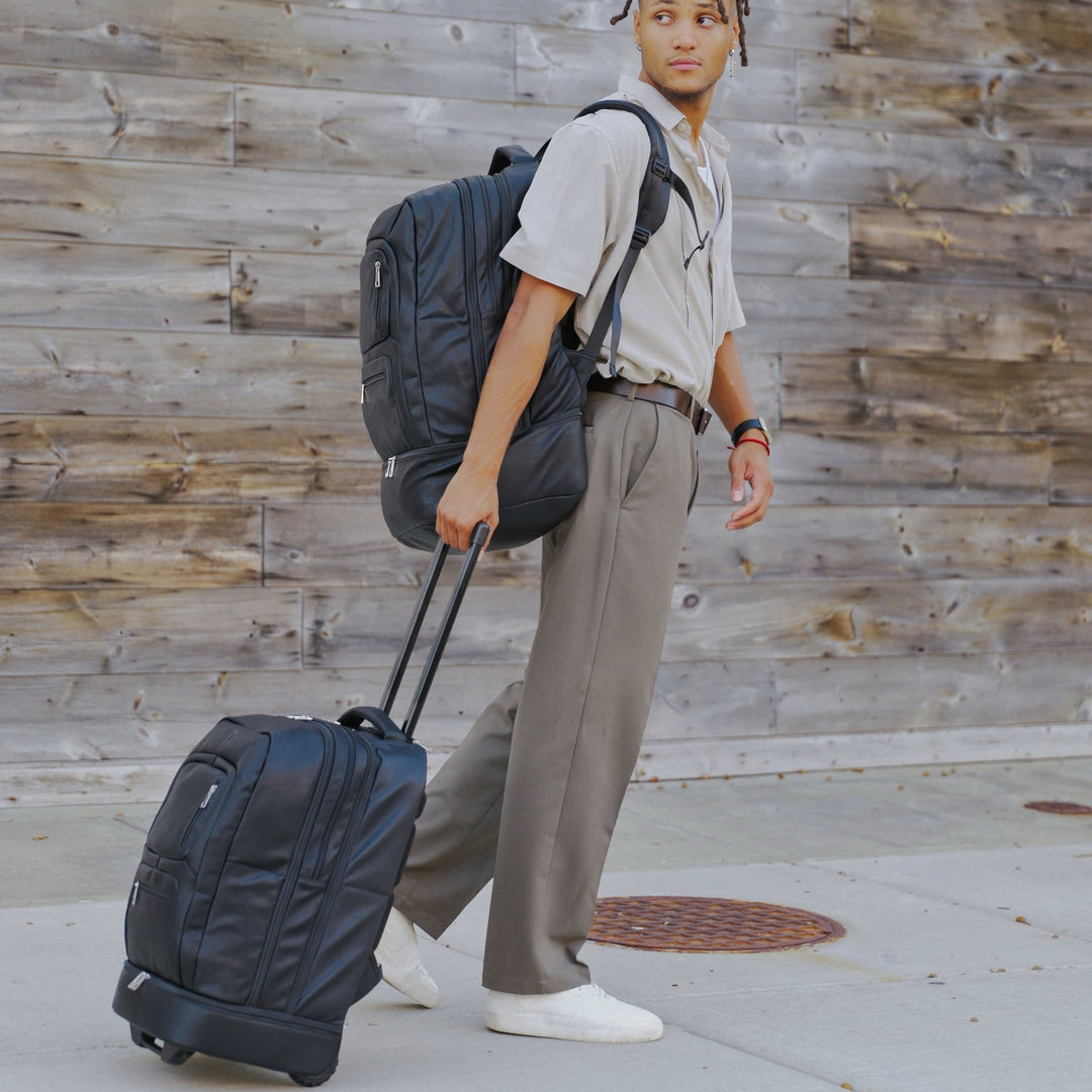 Sole Premise Black Leather Luxury Carry On Backpack Patented Signature Design