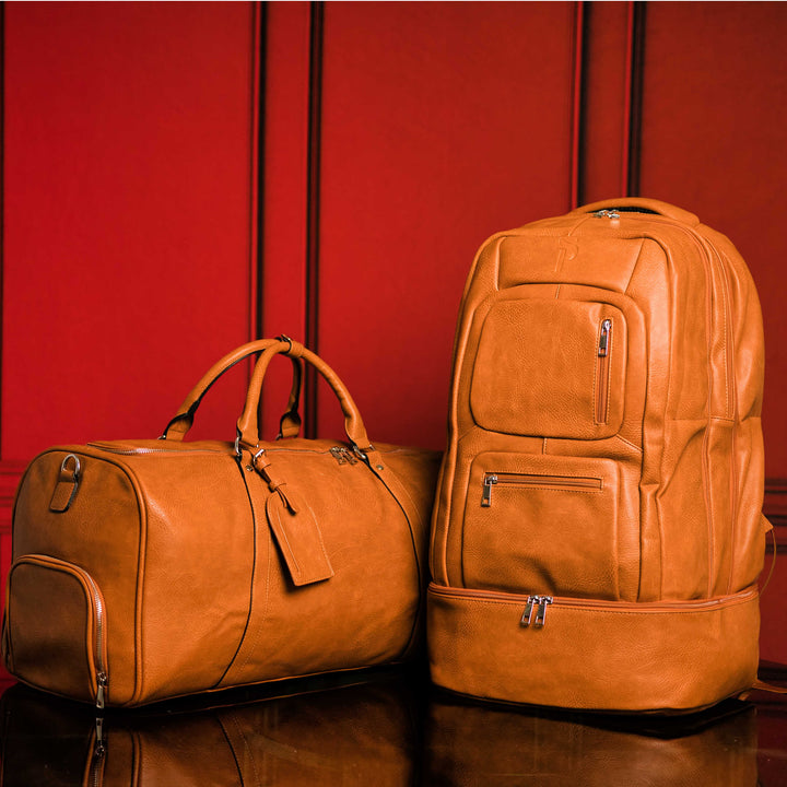 Sole Premise Brown Tumbled Leather Signature Bag Set Signature Backpack and Duffle Bag