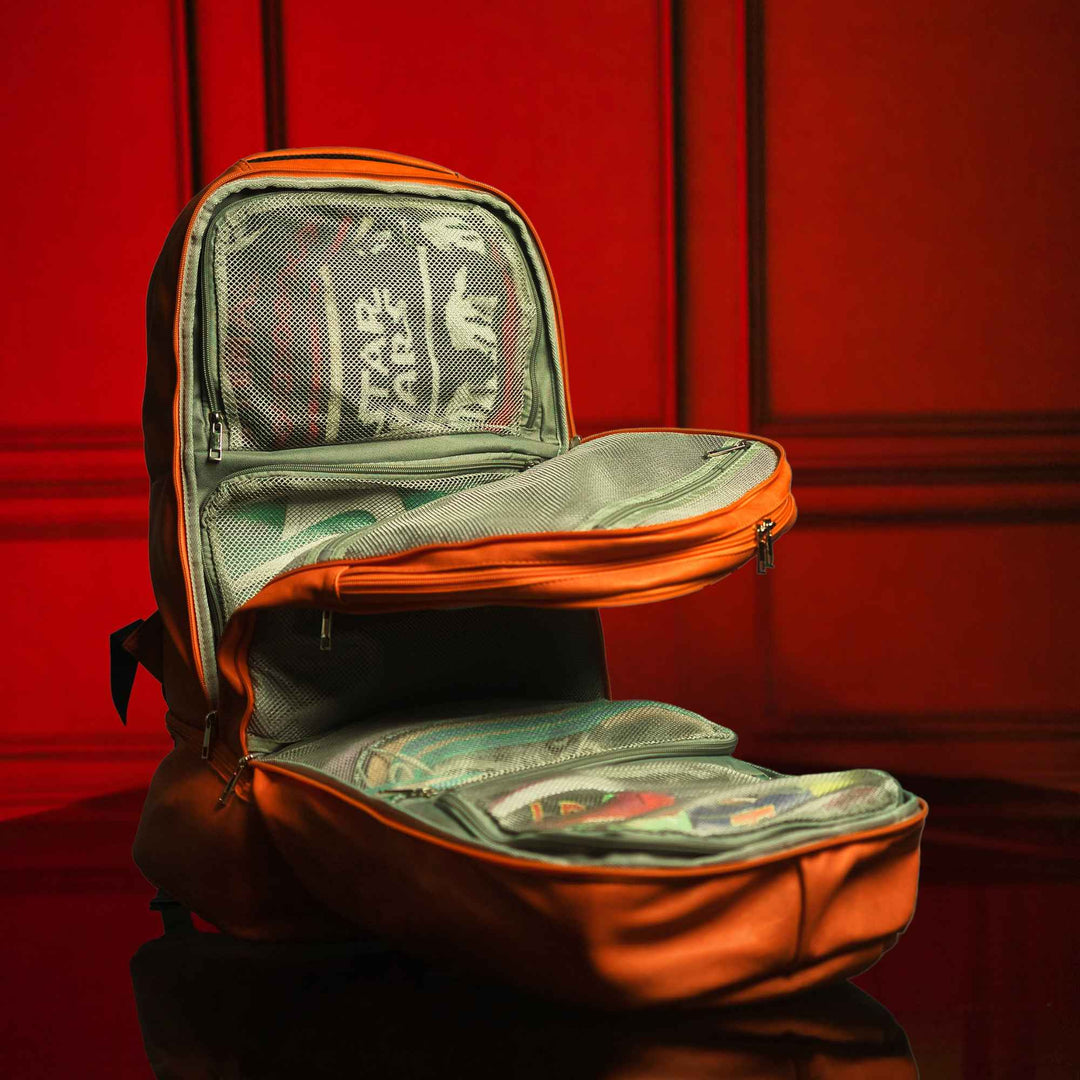 Sole Premise Orange Leather Luxury Carry-On Backpack (Patented Signature Design)