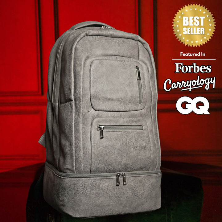 Sole Premise Grey Leather Luxury Carry-On Backpack Patented Signature Design