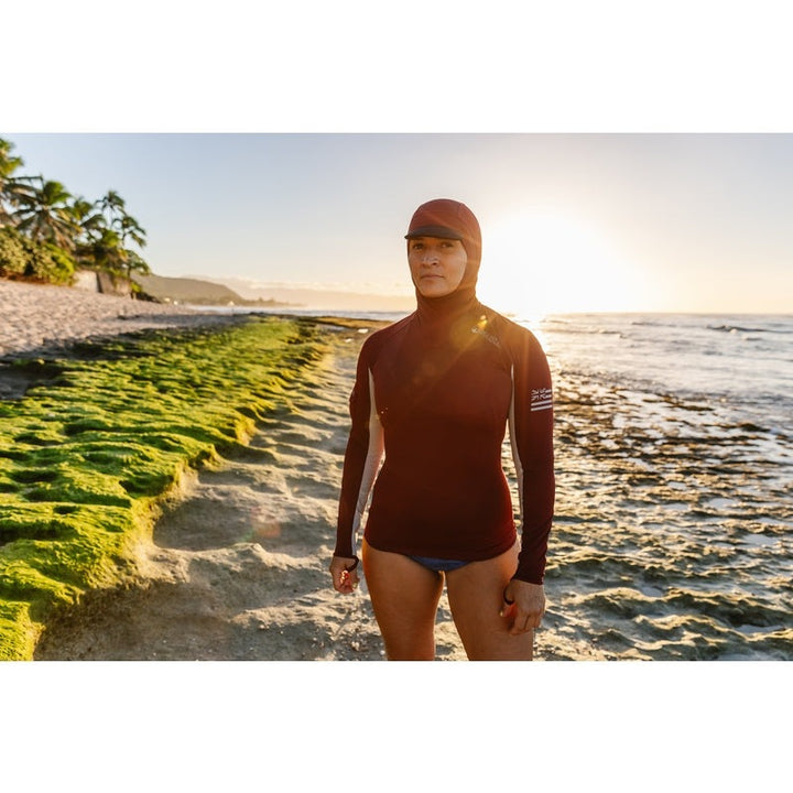 WAIHANA Maroon Carvico Hooded Surf Rash Guard