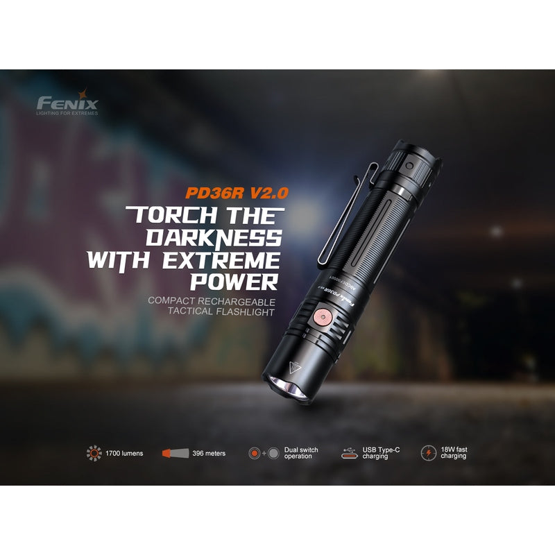 Fenix PD36R V2 Compact Rechargeable Tactical Flashlight - 1700 Lumens