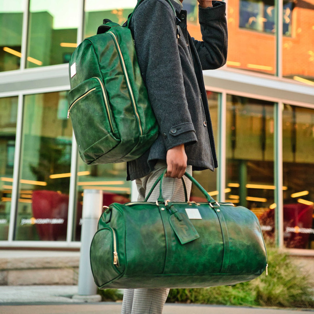 Sole Premise Emerald Green Leather 2 Bag Set Commuter Backpack and Duffle