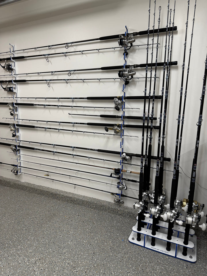 TRAPSKI Premium Fishing Rod/Pole Holder Rack Organizers | Wall or Ceiling or Boat Mounted Fishing Rod Rack | Durable Marine Grade HDPE Plastic | Stackable Storage