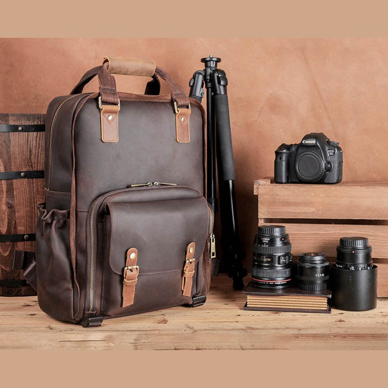 The Gaetano | Large Leather Backpack Camera Bag with Tripod Holder