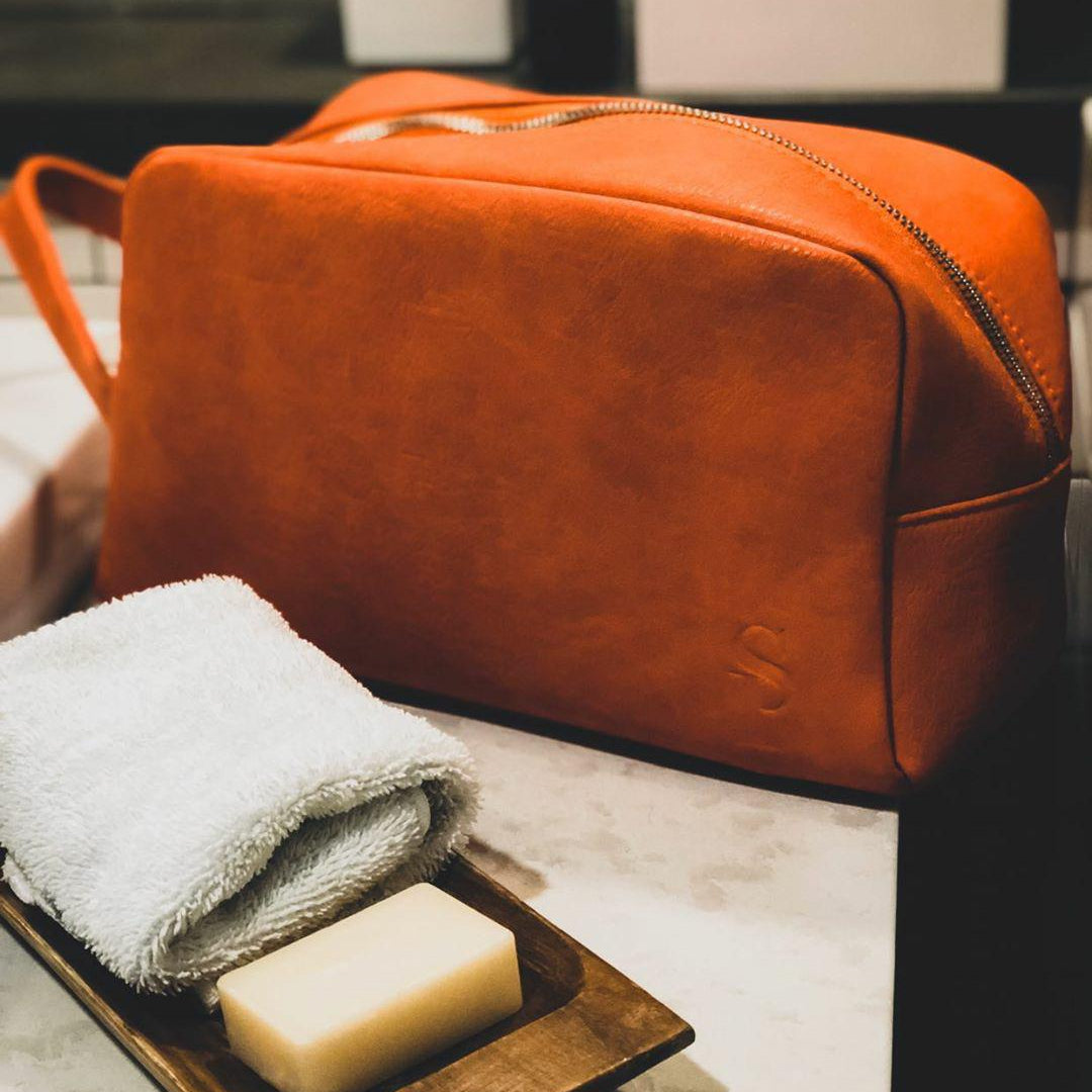Sole Premise Orange Tumbled Leather Toiletry Bag