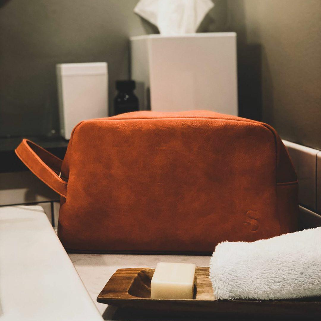 Sole Premise Orange Tumbled Leather Toiletry Bag