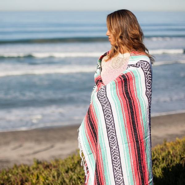 West Path Seafoam Green & Coral Mexican Falsa Blanket