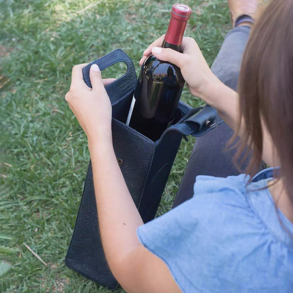 Tooled Leather Single Bottle Wine Carrier