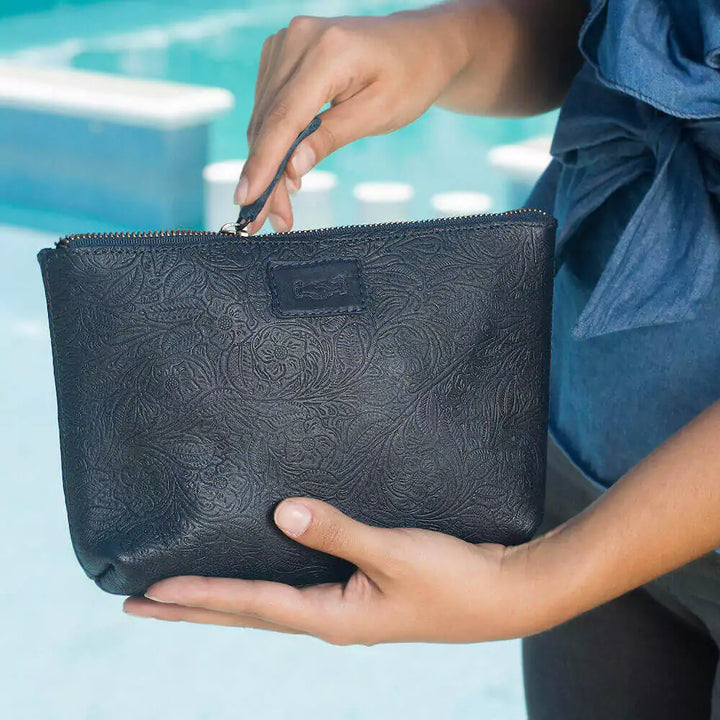 Tooled Leather Large Zippered Pouch