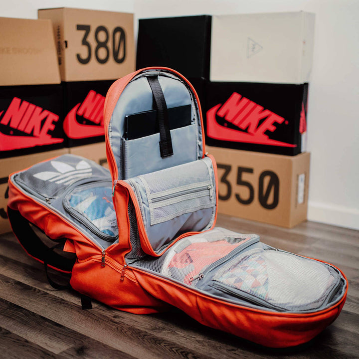 Sole Premise Orange Leather Luxury Carry-On Backpack Patented Signature Design