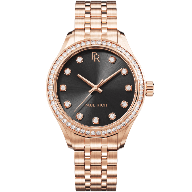 Crystelle Rose Gold Black Watch for Elegant Women