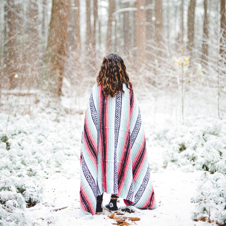 West Path Seafoam Green & Coral Mexican Falsa Blanket